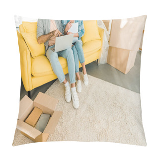 Personality  Cropped View Of Couple Sitting On Couch, Using Laptop And Planning Relocation To New House, Moving Concept Pillow Covers