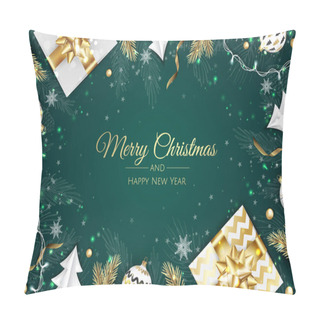 Personality  Christmas Vector Background. Creative Design Greeting Card, Banner, Poster. Top View Gift Box, Xmas Decoration Balls And Snowflakes. Pillow Covers