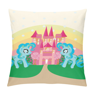 Personality  Card With A Cute Unicorns Rainbow And Fairy-tale Princess Castle Pillow Covers