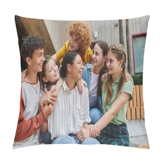 Personality  Cultural Diversity, Back To School Happy African American Woman Hugging With Teenage Students Pillow Covers