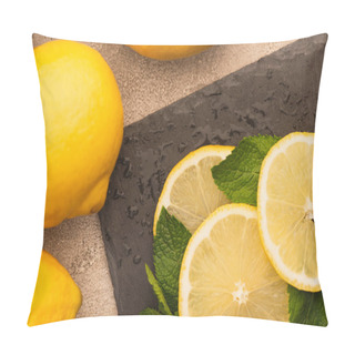 Personality  Top View Of Mint Green Leaves, Lemon Slices On Black Board On Beige Concrete Surface Pillow Covers