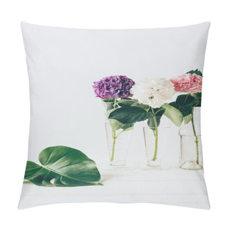 Personality  Pink, Purple And White Hydrangea Flowers In Glass Vases With Monstera Leaf Near, On White Pillow Covers