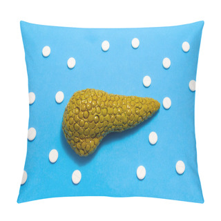 Personality  3D Anatomical Model Of Pancreas Gland Is On Blue Background Surrounded By White Pills As Ornament Polka Dots. Medical Concept By Pharmacological Tableted Treating Of Pancreas Disease, Pharmacotherapy Pillow Covers