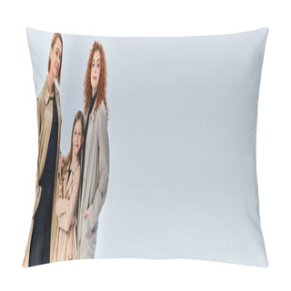 Personality  Three Generation Joyful Family Standing Together In Stylish Coats On Grey Backdrop, Fashion Banner Pillow Covers