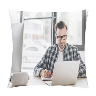 Personality  Handsome Young Programmer In Eyeglasses Taking Notes While Working With Laptop And Desktop Computer Pillow Covers