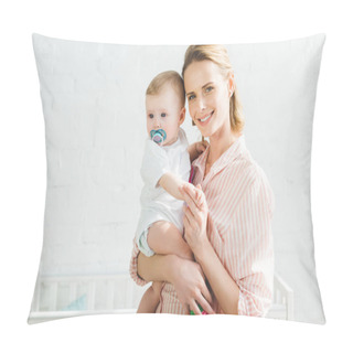 Personality  Smiling Mother Holding Infant Daughter With Baby Dummy Pillow Covers