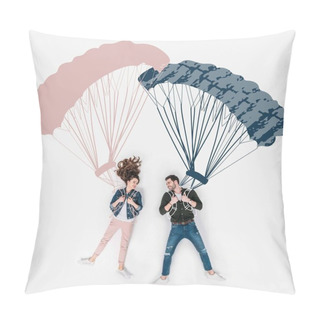 Personality  Creative Hand Drawn Collage With Flying With Parachutes Together Pillow Covers