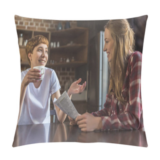 Personality  Women Talking On Kitchen In Morning While Reading Newspaper And Drinking Coffee Pillow Covers