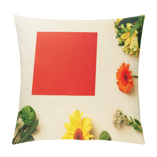 Personality  Top View Of Empty Red Banner And Arranged Flowers On Beige Backdrop Pillow Covers