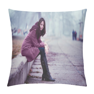 Personality  Sad Young Woman Sitting Outdoors Pillow Covers