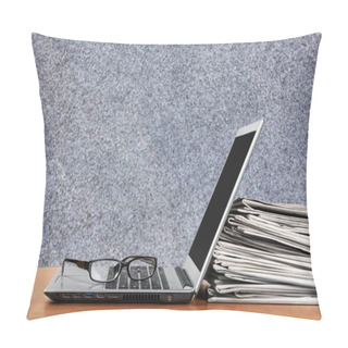 Personality  Laptop And Black Glasses Ans Stack Of Newspapers  Pillow Covers