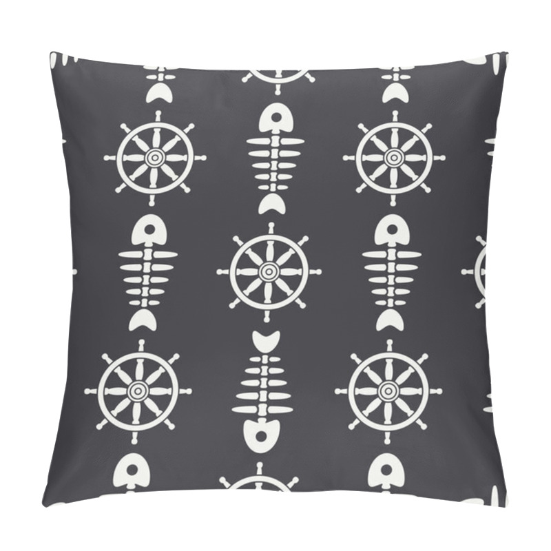 Personality  Flat line monochrome vector seamless pattern ocean fish bone, skeleton with steering wheel. Retro cartoon style. Skull. Sea doodle art. Background. Illustration and element for your design, wallpaper pillow covers