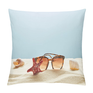 Personality  Brown Stylish Sunglasses On Sand With Seashells And Starfish On Blue Background Pillow Covers