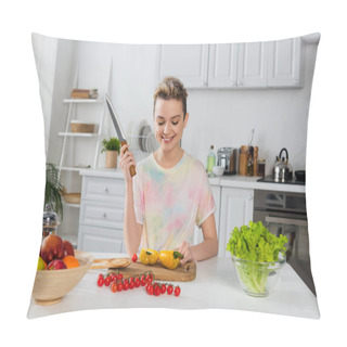 Personality  Happy Bigender Person With Knife Sitting Near Bell Pepper, Cherry Tomatoes, Lettuce And Fruits In Kitchen Pillow Covers