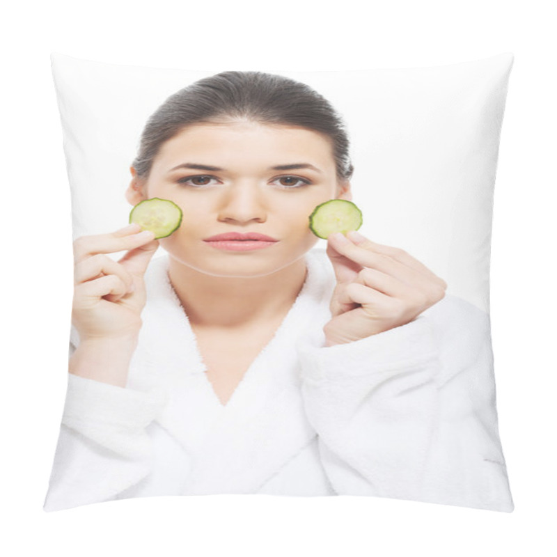 Personality  Beautiful Woman In Bathrobe Holding Slices Of Cucumber. Pillow Covers