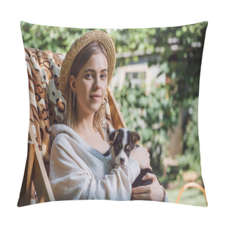 Personality  Happy Blonde Girl In Straw Hat Holding Puppy While Sitting In Deck Chair In Garden Pillow Covers