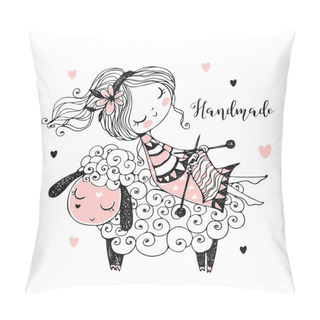 Personality  A Cute Girl Sits On A Sheep And Knits A Scarf. Vector Pillow Covers