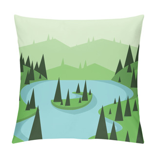 Personality  Abstract Landscape Design With Green Trees And Flowing River, View From Top To An Island, Flat Style. Digital Vector Image. Pillow Covers