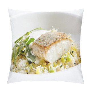 Personality  Close-up Portrait Of Delicious Pike Perch With Risotto. Fresh Courgettes With Some Aerial Espoume Served With Perfect Taste. Isolated On White Background Pillow Covers