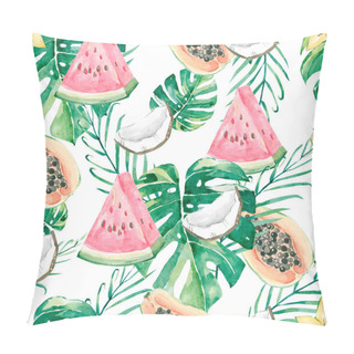 Personality  Watercolor Summer Pattern Of Tropical Leaves And Banana, Coconut, Watermelon And Flower. Poster Jungle Floral With Tropic Summertime For The Textile Fabric For Kids, Wrapping Paper,  Fruits Background Pillow Covers