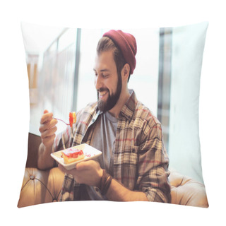 Personality  Handsome Trendy Hipster Eating Tasty Dessert In Cafe Pillow Covers