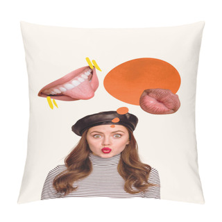 Personality  Composite Trend Artwork Sketch Image 3D Photo Collage Of Young Attractive Lady Have Gossip Conversation With Friend Huge Lips Mouth Fly. Pillow Covers