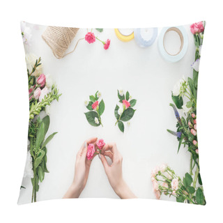 Personality  Cropped View Of Female Hands Holding Rose Buds Over Boutonnieres And Surrounded By Flowers On White Background Pillow Covers