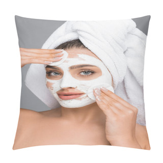 Personality  Woman With Towel On Head Rinsing Clay Mask Off Face With Cotton Pads Isolated On Grey Pillow Covers
