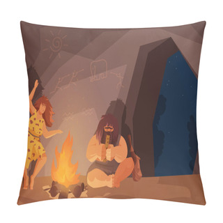Personality  Stone Age Primitive Family People Sit By Fire, Caveman Playing Music, Woman Dancing Pillow Covers