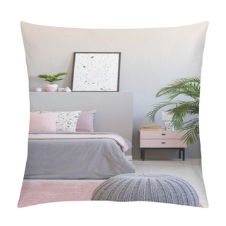Personality  Grey Pouf Next To Bed With Cushions In Modern Bedroom Interior With Poster And Plants. Real Photo Pillow Covers