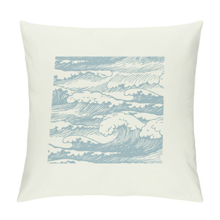 Personality  Vector Banner With Hand-drawn Waves In Retro Style. Decorative Illustration Of The Sea Or Ocean, Stormy Waves With Breakers Of Sea Foam Pillow Covers