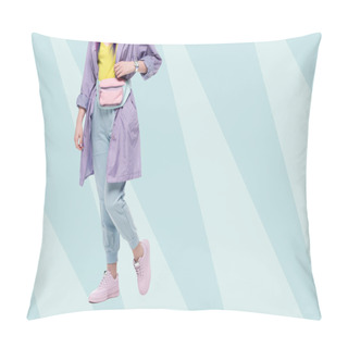 Personality  Cropped Shot Of Woman In Purple Trench Coat With Waist Pack Pillow Covers
