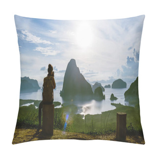 Personality  Female Tourist Photographers Travel On The Mountain. Landscape Beautiful Mountain On Sea At Samet Nangshe Viewpoint. Phang Nga Bay ,Travel Adventure, Travel Thailand, Tourist On Summer Holiday Vacation. Pillow Covers