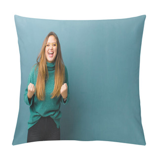 Personality  Young Pretty Woman Shouting Triumphantly, Laughing And Feeling Happy And Excited While Celebrating Success Pillow Covers