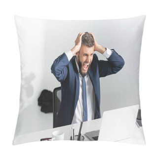 Personality  Businessman Screaming And Touching Head During Nervous Breakdown In Office  Pillow Covers