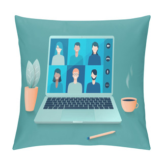 Personality  Online Video Conference Or Distance Learning, Working At Home With A Laptop. Vector Illustration. Pillow Covers