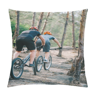 Personality  Rear View Of Trial Bikers Riding At Beautiful Pine Forest Pillow Covers
