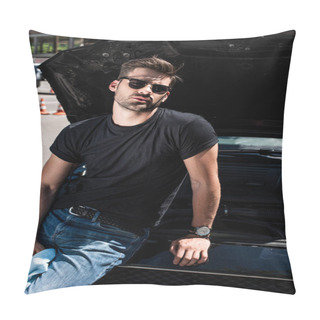 Personality  Handsome Young Man In Sunglasses With Rag Near Car With Opened Bonnet At Street Pillow Covers