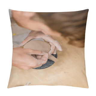 Personality  Overhead View Of Artisan Creating Signs On Clay Cup In Pottery Workshop  Pillow Covers
