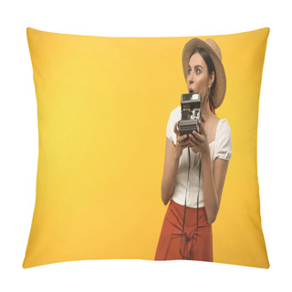 Personality  Excited Tourist In Straw Hat Holding Vintage Camera Isolated On Yellow Pillow Covers