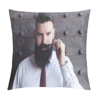Personality  Handsome Young Bearded Man In Classic Shirt Holding Tip Of Moustache And Looking At Camera Pillow Covers