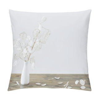 Personality  Lunaria In White Vase On Wooden Table Pillow Covers
