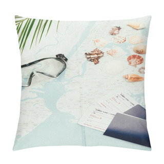 Personality  Top View Of Diving Mask With Seashells And Flight Tickets On Travel Map Pillow Covers