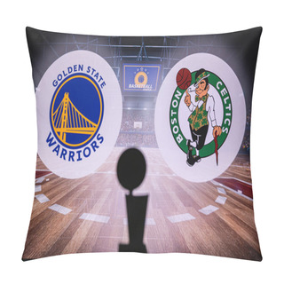 Personality  SAN FRANCISCO, CALIFORNIA, USA, MAY 30, 2022: Golden State Warriors Vs. Boston Celtics. 2022 NBA Finals. Basketball Game. Larry O'Brien, Championship Trophy. Silhouette And Logo In Background Pillow Covers