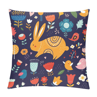 Personality  Seamless Pattern With Cute Bunny, Chicken And Flowers, Vector Illustration Pillow Covers