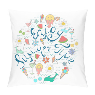 Personality  Summer Greeting Card With Hand Drawn Lettering And Digitally Drawn Summer Vacation Items Painted In Varied Colors With Light Gray Outline. Pillow Covers