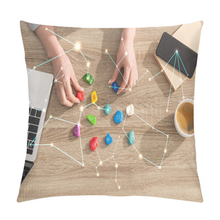 Personality  Top View Of Astrologer Holding Stones With Zodiac Sign Beside Laptop, Coffee And Constellations Pillow Covers