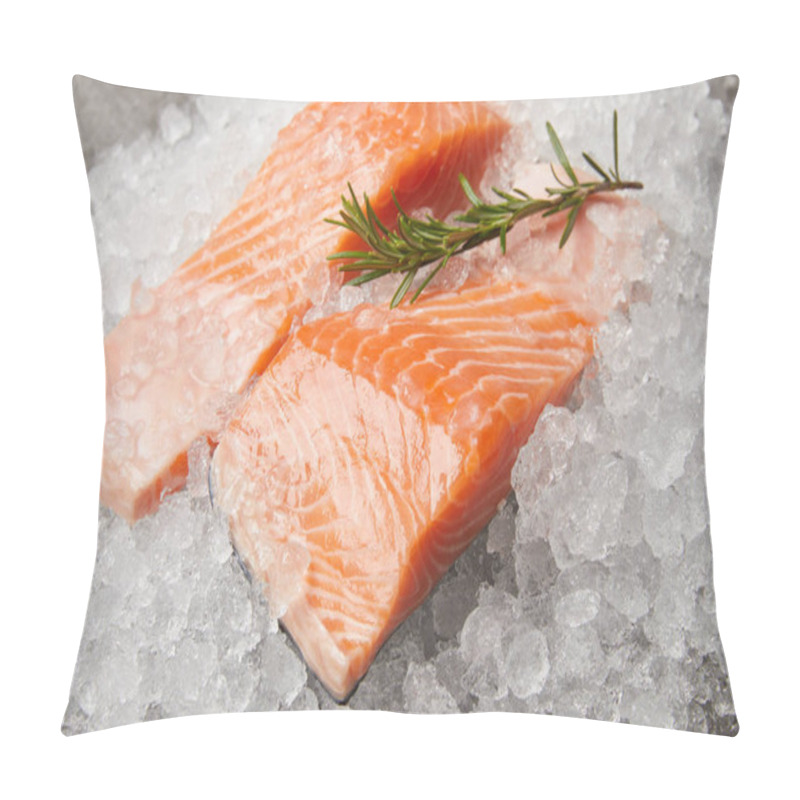 Personality  close-up shot of sliced salmon with rosemary branch on crushed ice pillow covers