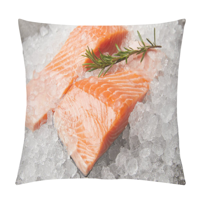 Personality  Close-up Shot Of Sliced Salmon With Rosemary Branch On Crushed Ice Pillow Covers