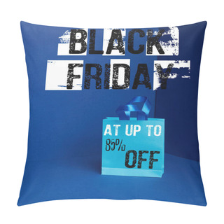 Personality  Close Up View Of Paper Shopping Bag On Blue With Black Friday And 85 Percents Off Discount Pillow Covers